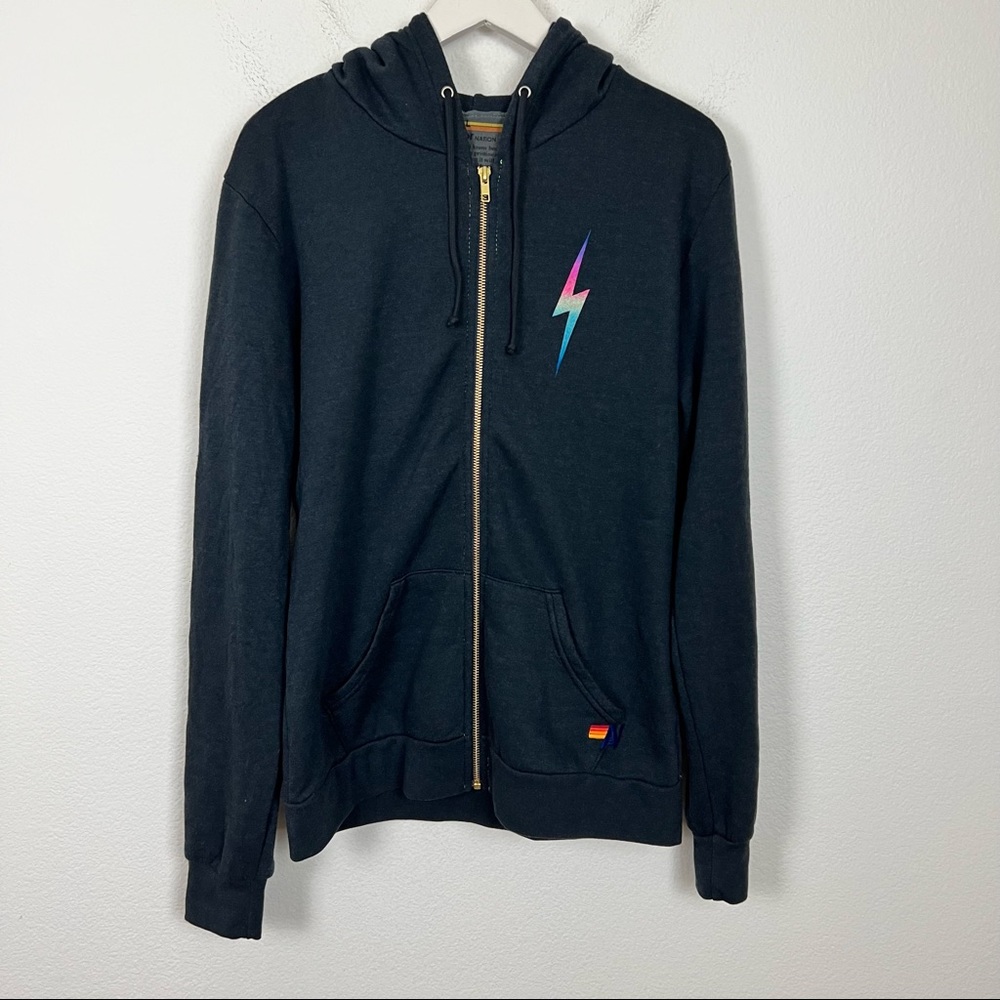 Aviator Nation Black Zip Hoodie with Pink-to-Blue Lightning Bolt - Picture 3 of 8